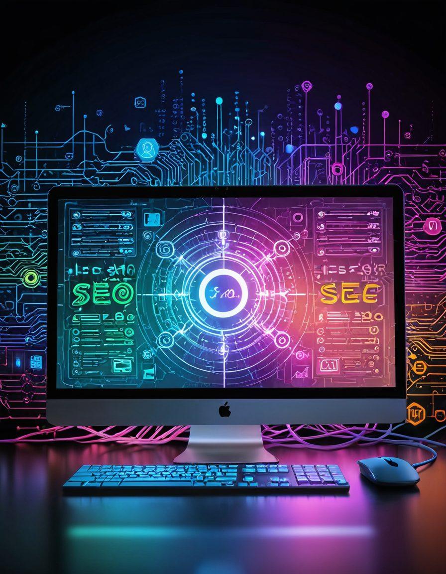 An intricate web of interconnected symbols for web hosting, lines of code, and SEO elements, with a central focus on a glowing computer screen emitting knowledge. The background can include a subtle grid design representing the structure of the internet. Incorporate vibrant colors to make the elements pop. super-realistic. vibrant colors.
