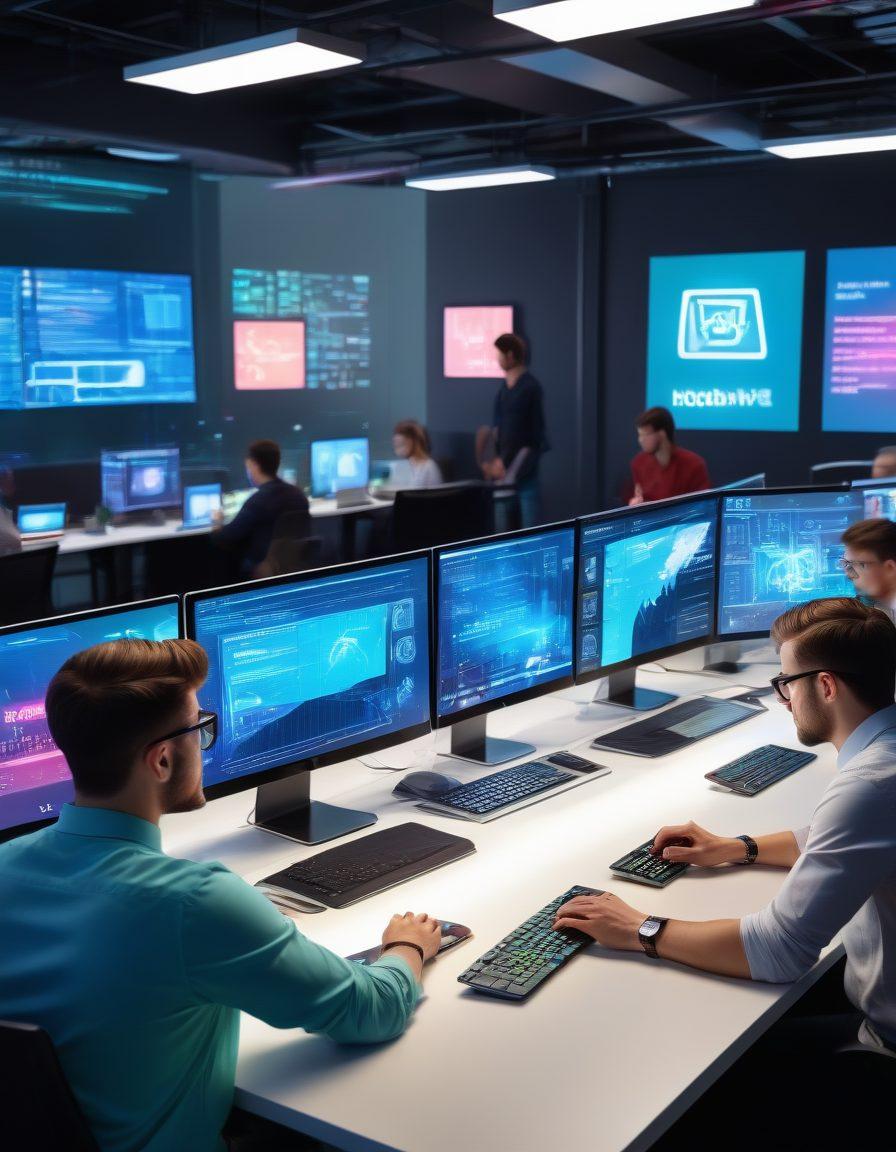 A vibrant, modern workspace with sleek computers and digital devices, showcasing a dynamic team of web designers and developers collaborating on cutting-edge projects. Include visual elements like holographic screens and digital interfaces that illustrate various web and digital services being provided. super-realistic. vibrant colors. high-tech aesthetic.