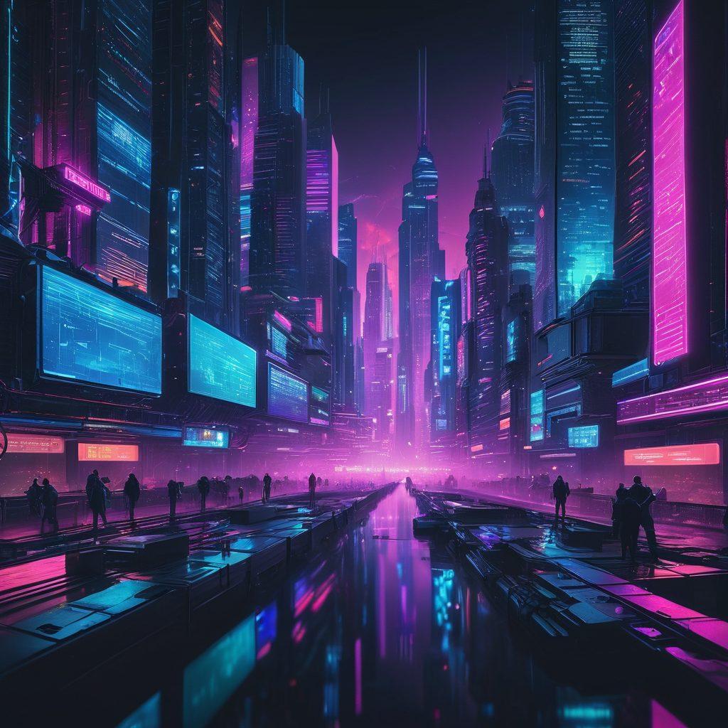 A futuristic cityscape with skyscrapers made of coding elements (HTML tags, CSS, JavaScript symbols) glowing with neon lights, bustling with diverse digital professionals working on laptops and tablets, interconnected by massive webs symbolizing online solutions and digital services. cyberpunk. vibrant colors. high-tech. super-realistic.